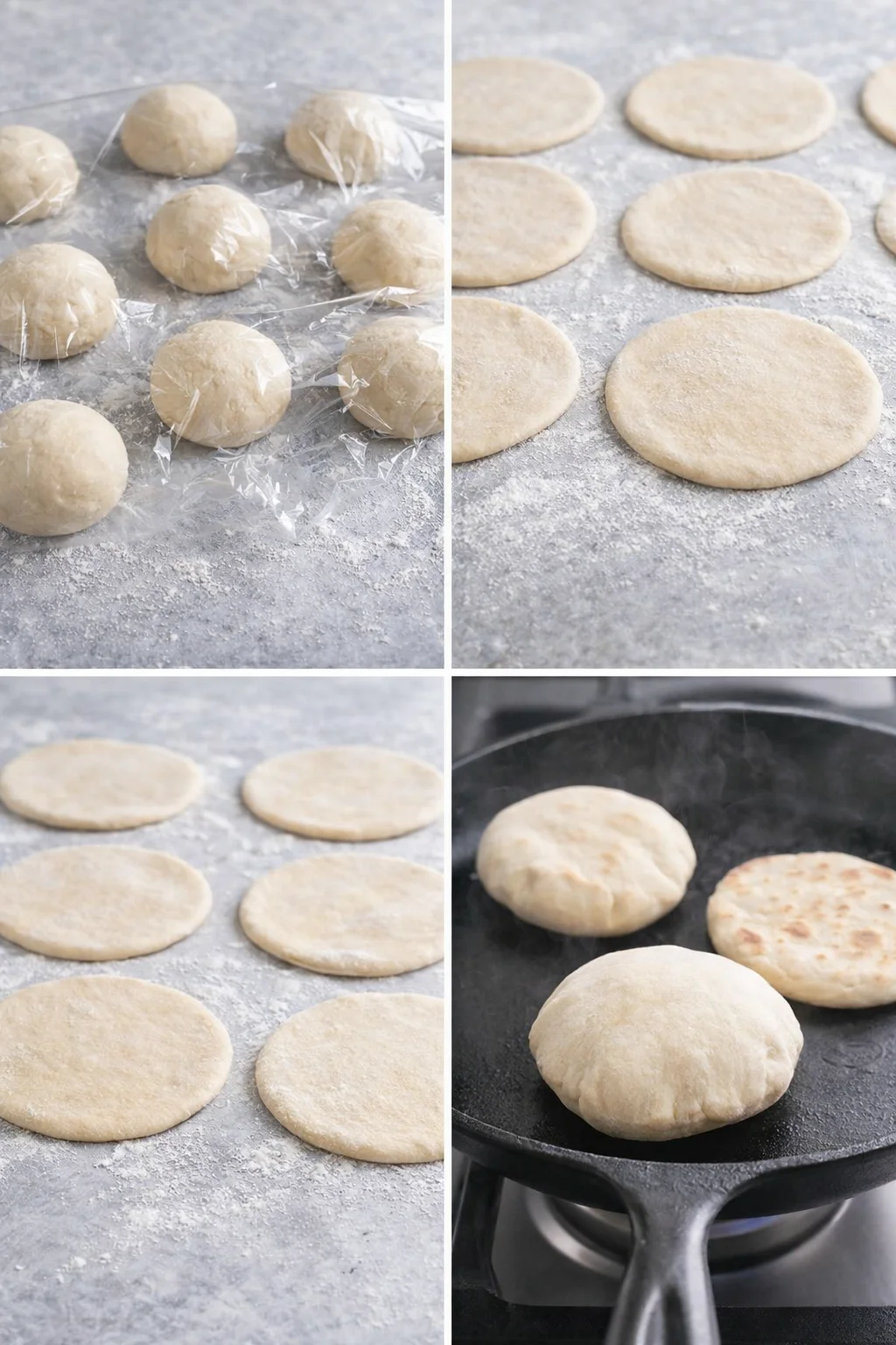 Smooth dough balls resting on floured surface, rolled thin rounds, and a hot skillet puffing pita