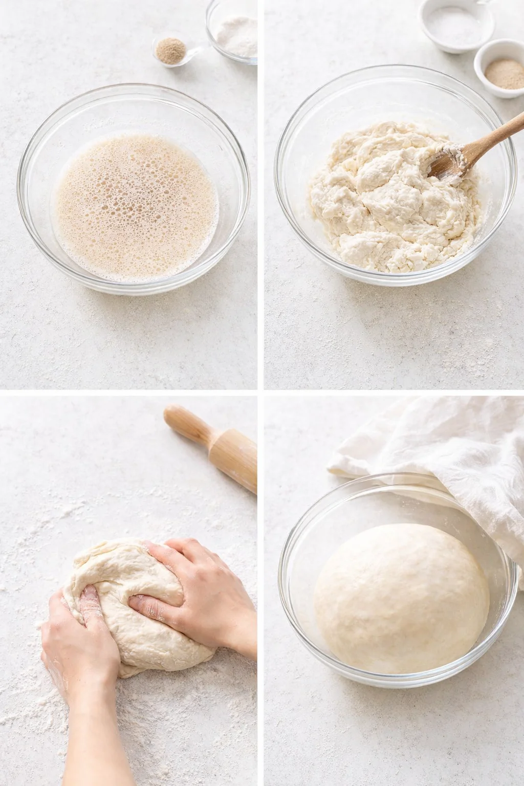 Foamy yeast mixture, flour, and a smooth dough ball resting in a greased bowl to rise