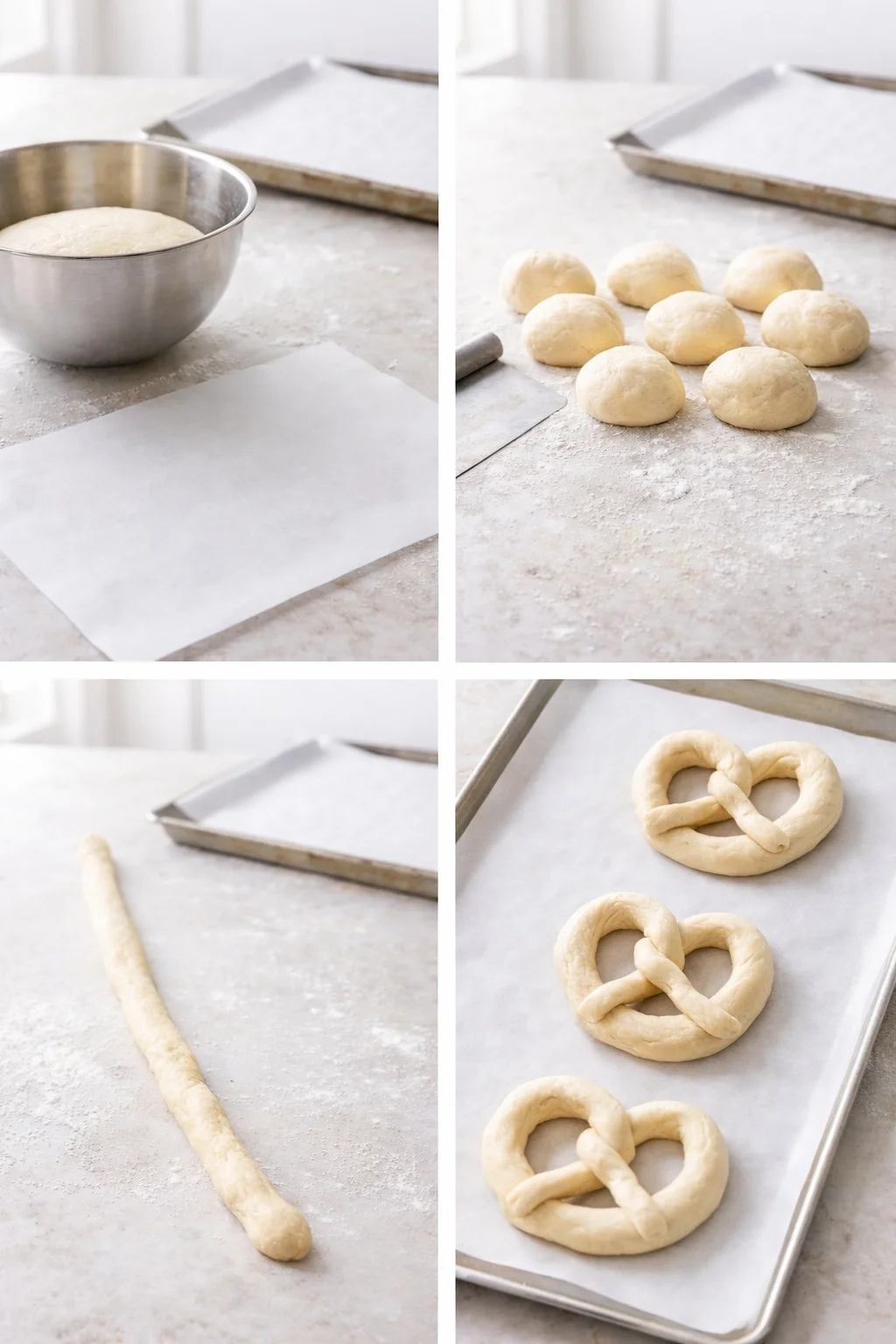 Hands rolling dough into long ropes and shaping one into a classic pretzel on parchment