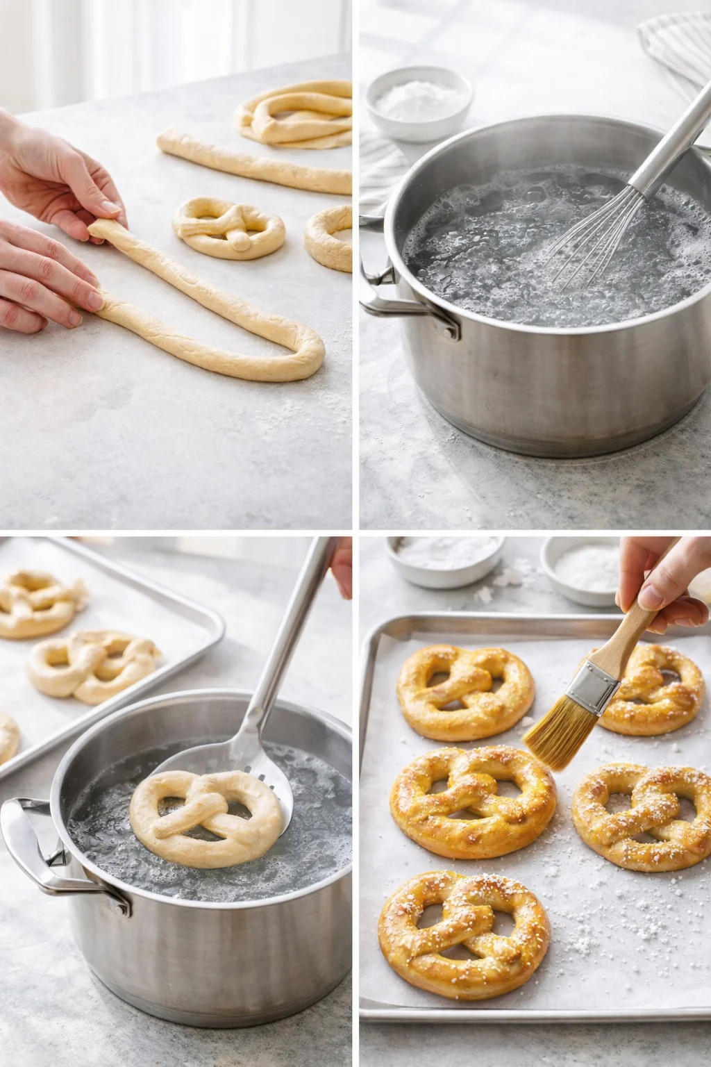 Pretzels being briefly boiled in baking-soda bath, then brushed with egg and sprinkled with coarse salt