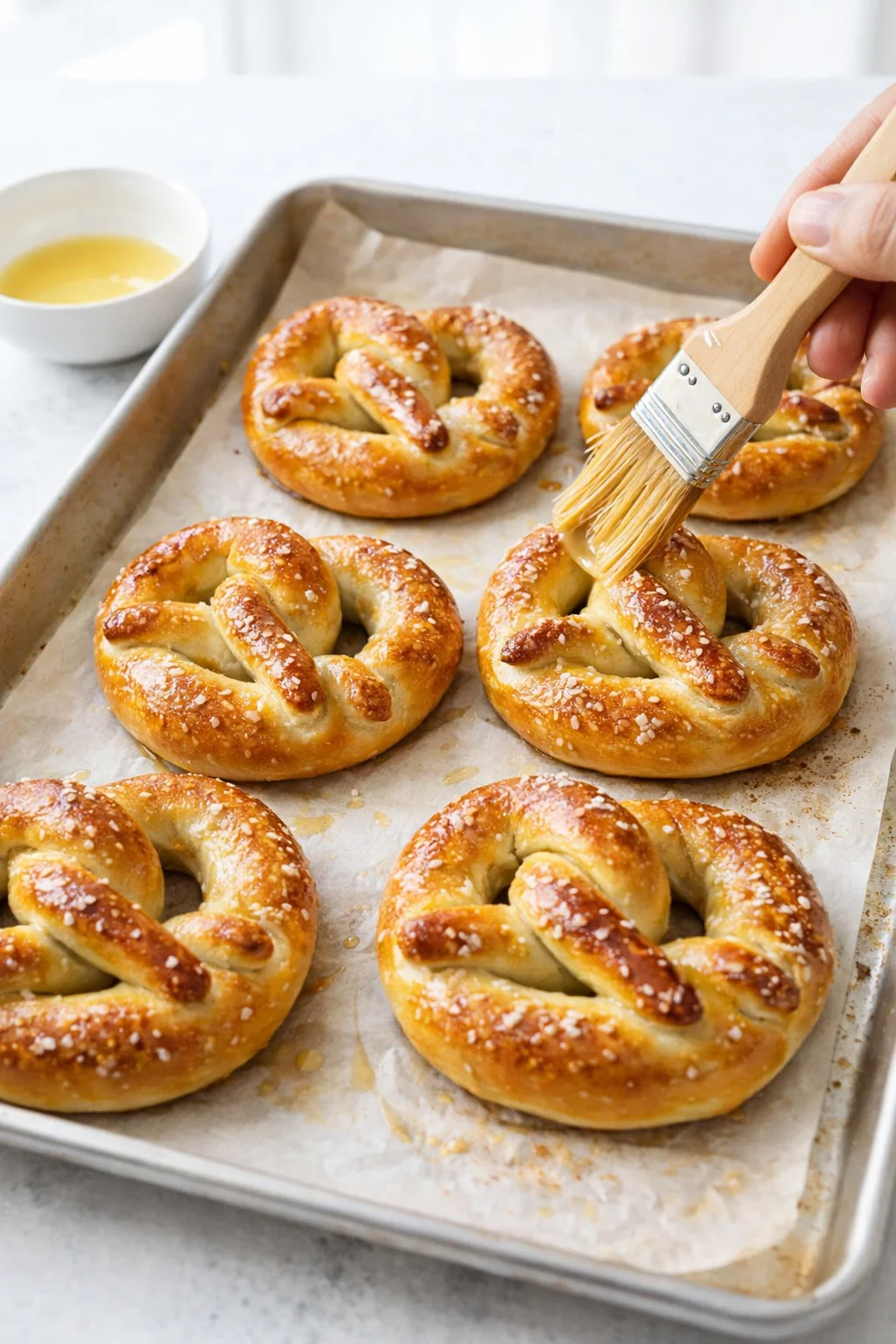 Deep golden-brown pretzels cooling on tray while one is brushed with melted butter