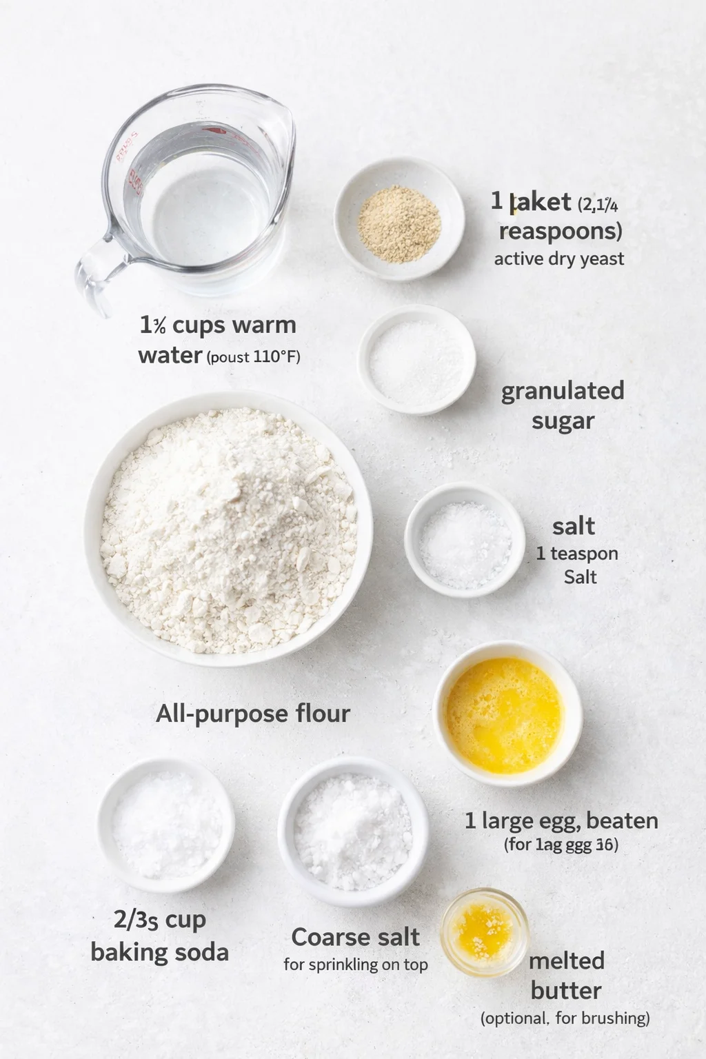 Measured ingredients arranged for Homemade Soft Pretzels: 1 1/2 cups warm water (around 110°F), 1 packet (2 1/4 teaspoons) active dry yeast, 1 tablespoon granulated sugar, 1 teaspoon salt, 4 cups all-purpose flour, 2/3 c