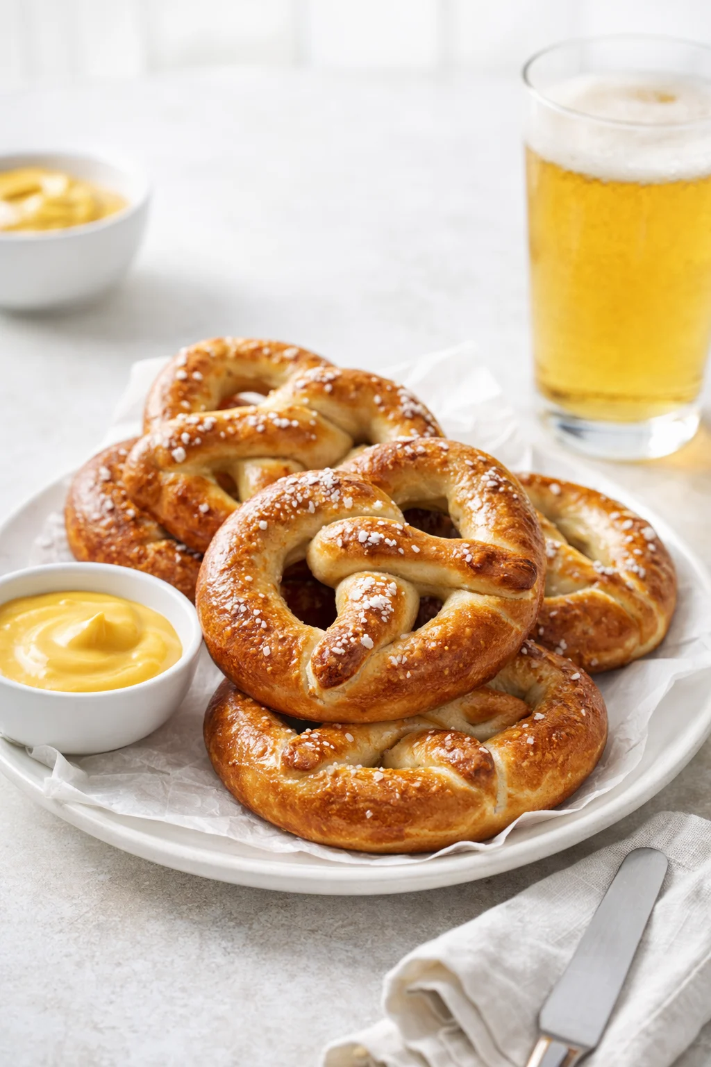 Alternative angle of Homemade Soft Pretzels served with a pairing