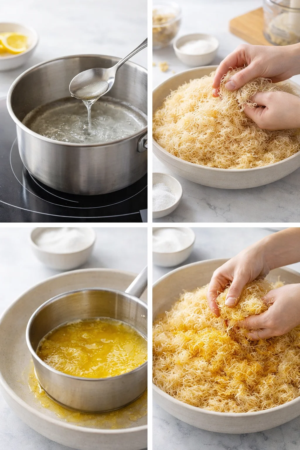 step-process-placeholder-1-4.png Saucepan simmering syrup, shredded kataifi in bowl, melted ghee being poured and massaged into strands.