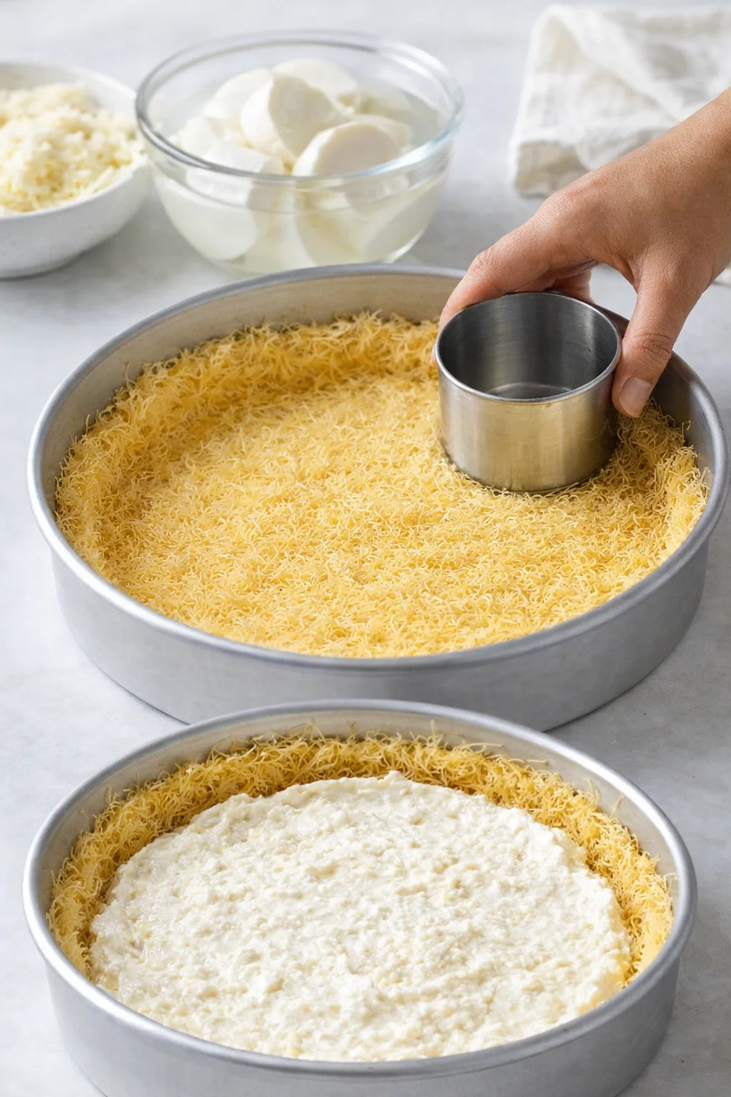 Hands pressing kataifi into round pan, bowl of drained mozzarella and ricotta mixed, cheese spread evenly.