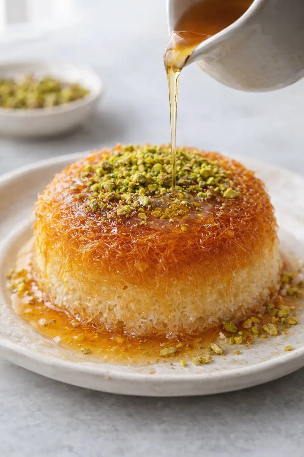 Room-temperature syrup drizzled over piping-hot kunafa, syrup hissing, then sprinkled with crushed pistachios.