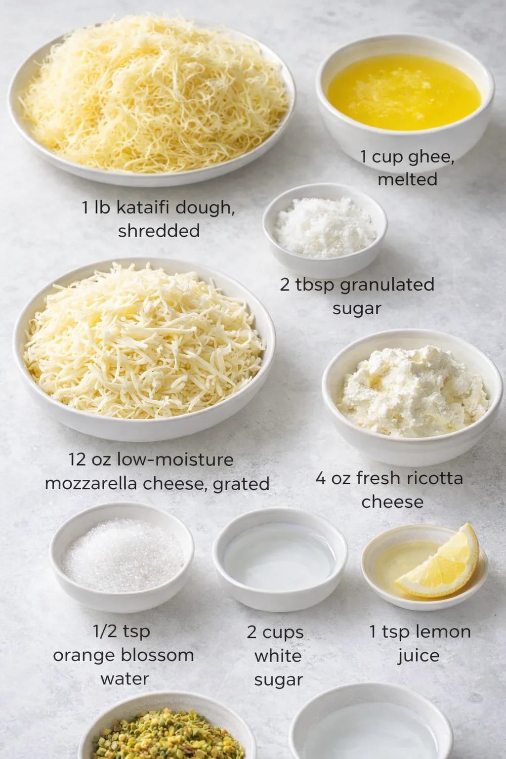 Measured ingredients arranged for Authentic Kunafa Recipe for 8 Servings - For Daily Recipes: 1 lb kataifi dough, shredded, 1 cup ghee, melted, 2 tbsp granulated sugar, 12 oz low-moisture mozzarella cheese, grated, 4 oz 