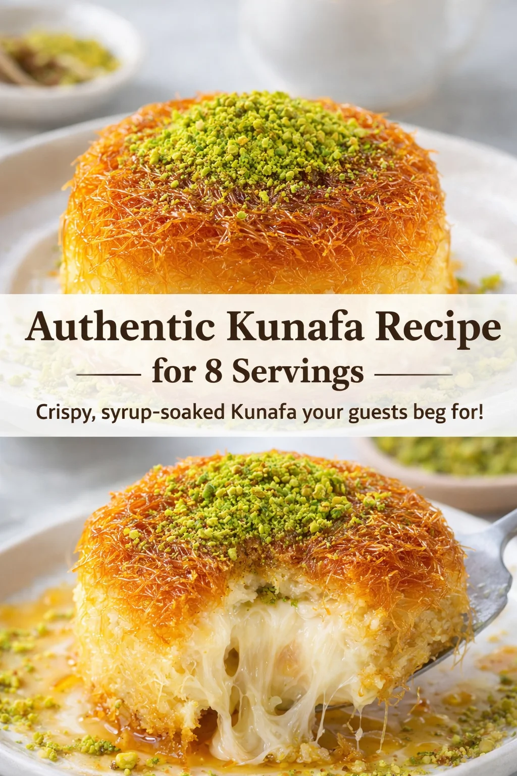 Pinterest-style image for Authentic Kunafa Recipe for 8 Servings - For Daily Recipes with centered text overlay