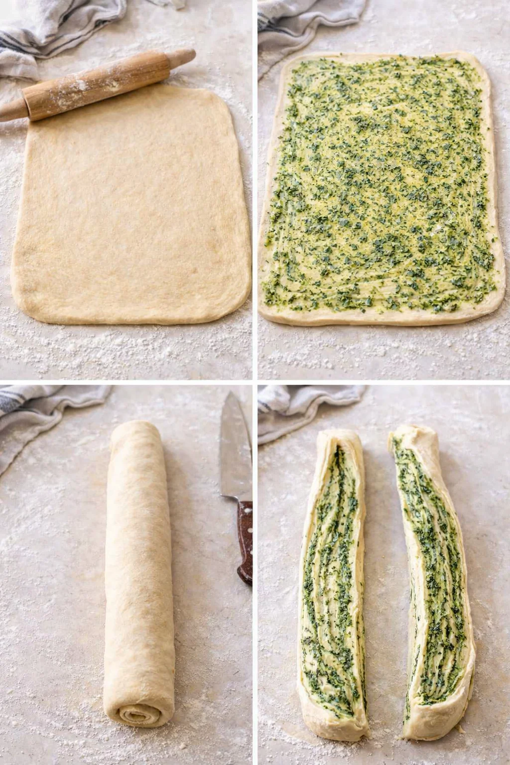 Rolled rectangle of dough spread with garlic-herb butter, tightly rolled and cut lengthwise leaving end attached.
