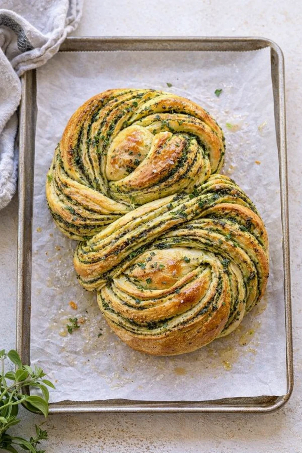 Golden swirled braided loaf on parchment, cut halves twisted and coiled, brushed with melted butter.