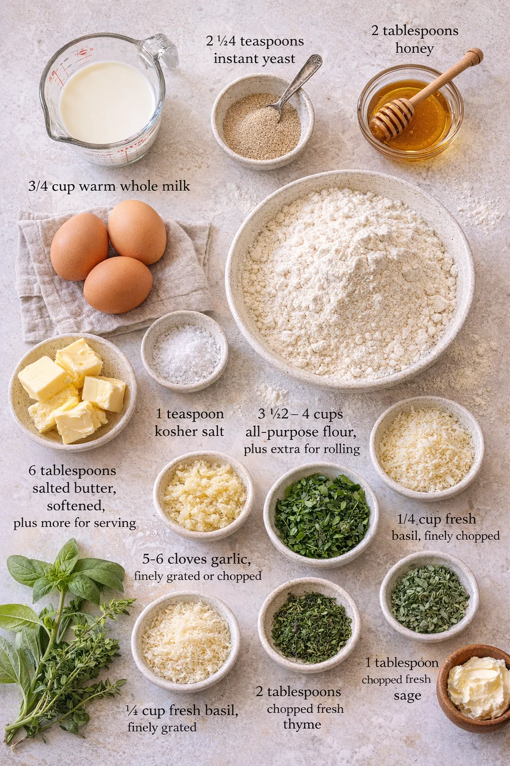 Measured ingredients arranged for Swirled Garlic Herb Bread.: 3/4 cup warm whole milk, 2 1/4 teaspoons instant yeast, 2 tablespoons honey, 3 large eggs, 3 1/2 6 4 cups all-purpose flour, plus extra for rolling, 1 teaspoo