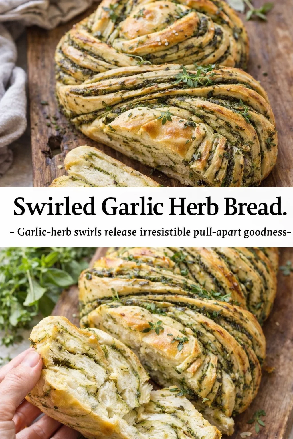 Pinterest-style image for Swirled Garlic Herb Bread. with centered text overlay