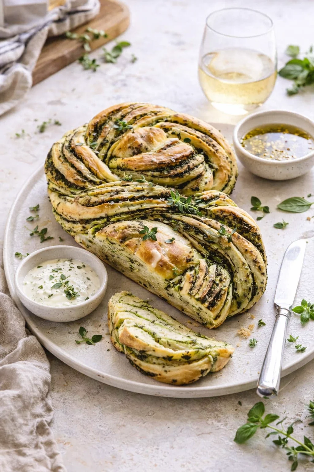 Alternative angle of Swirled Garlic Herb Bread. served with a pairing