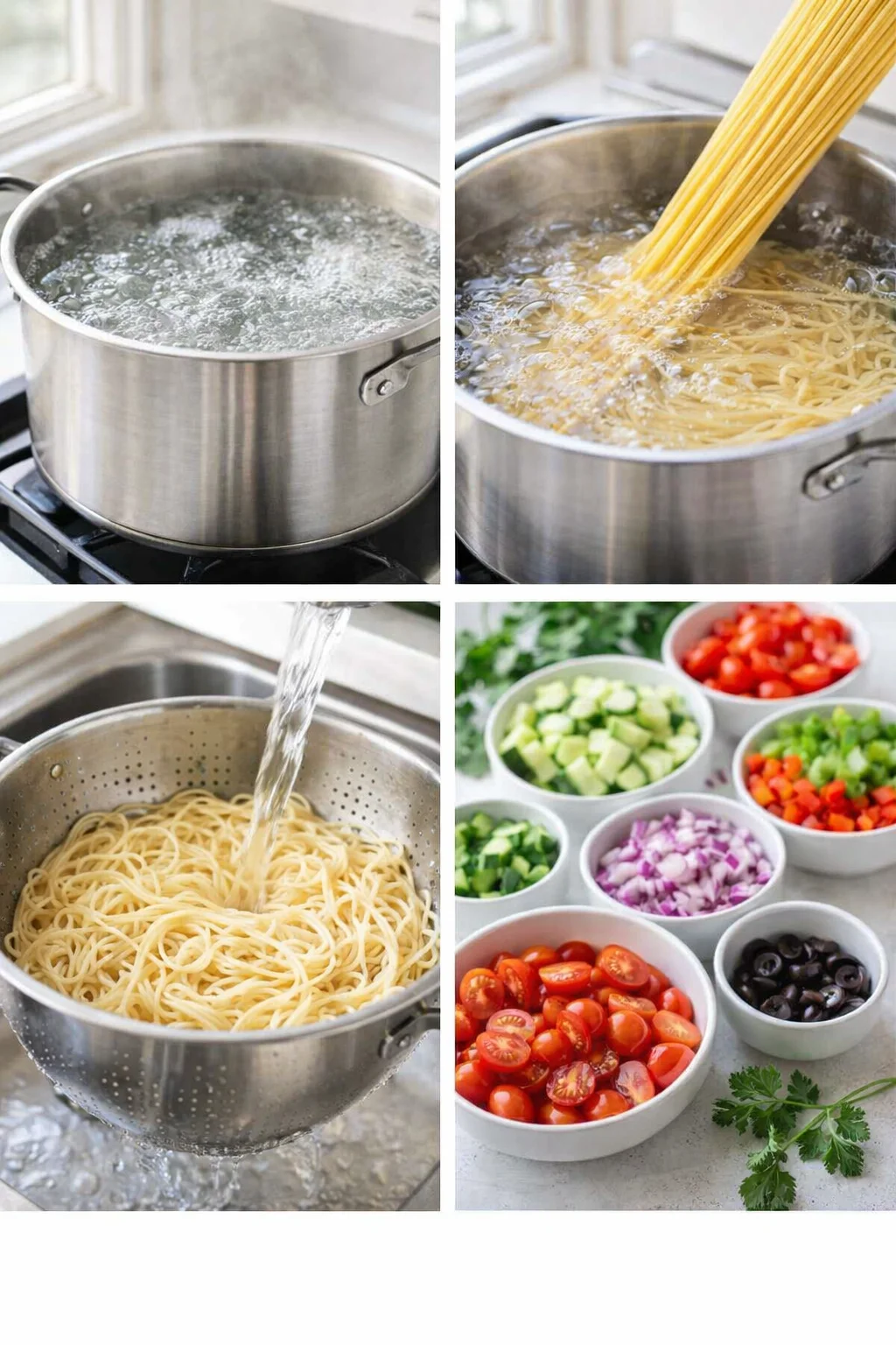 Boiling pot with spaghetti, colander draining, and a cutting board with halved tomatoes and diced peppers.