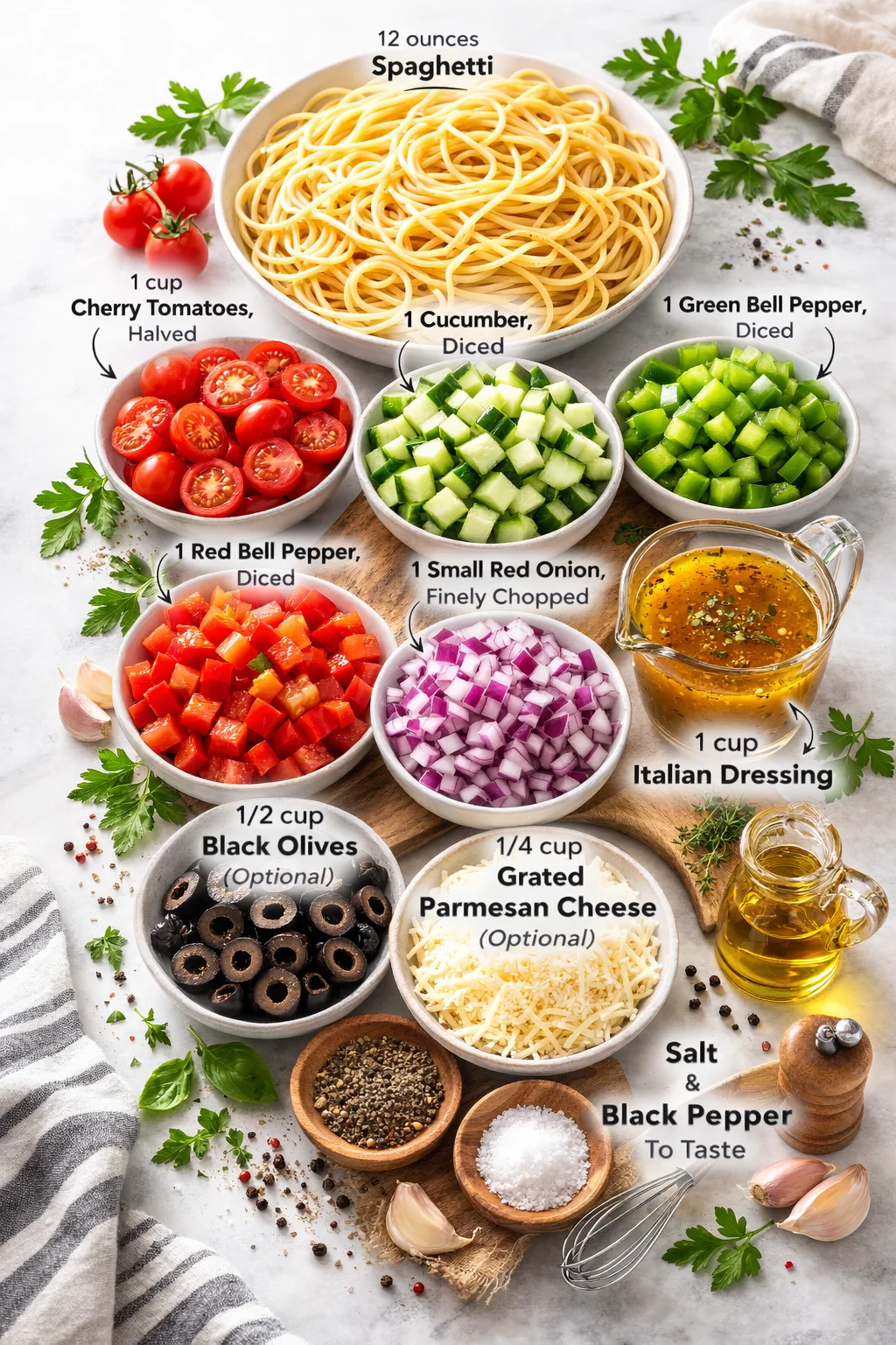 Measured ingredients arranged for Quick Spaghetti Salad With Italian Dressing - MushroomSalus: 12 ounces spaghetti, 1 cup cherry tomatoes, halved, 1 cucumber, diced, 1 green bell pepper, diced, 1 red bell pepper, diced, 