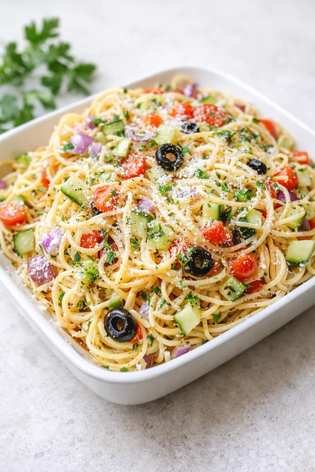 Final plated Quick Spaghetti Salad With Italian Dressing - MushroomSalus served as a hero shot