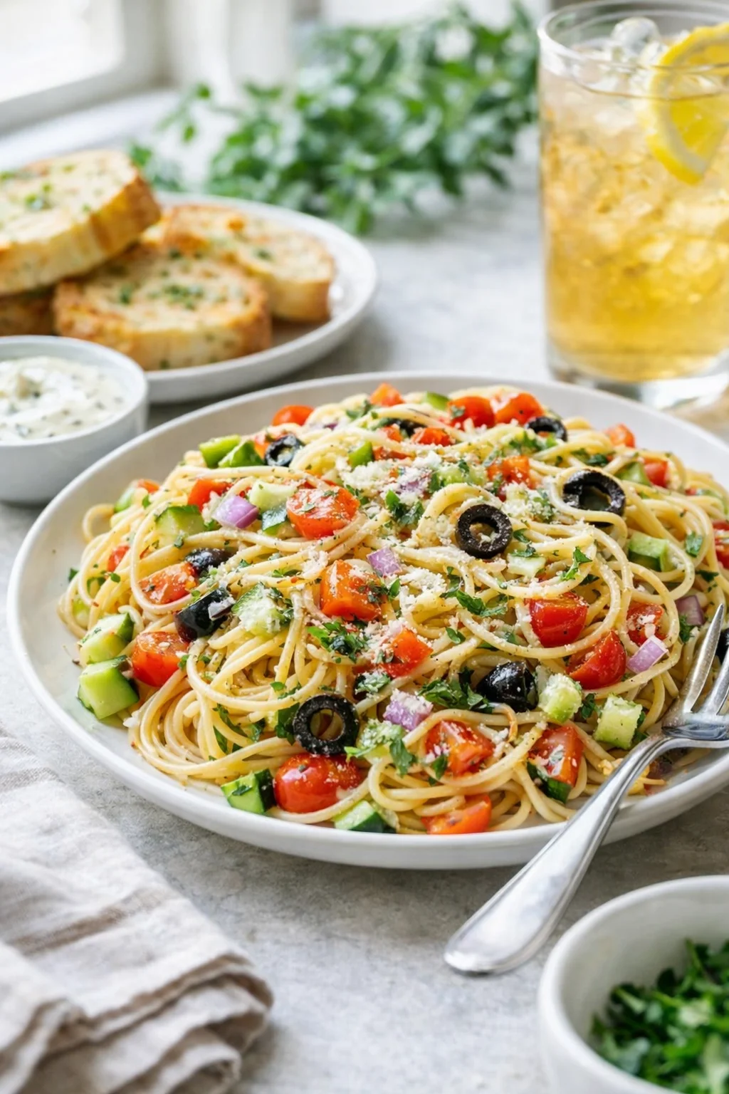 Alternative angle of Quick Spaghetti Salad With Italian Dressing - MushroomSalus served with a pairing