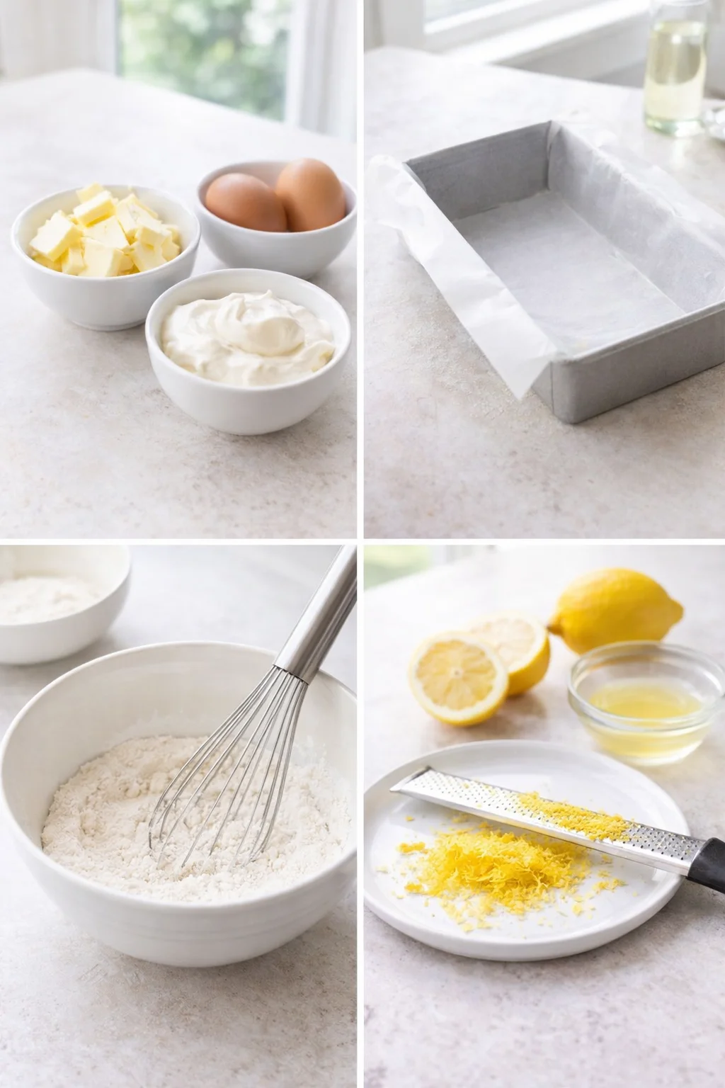 step-process-placeholder-1-4.png Room-temperature butter and eggs beside a greased loaf pan, whisked dry ingredients and lemon zest.