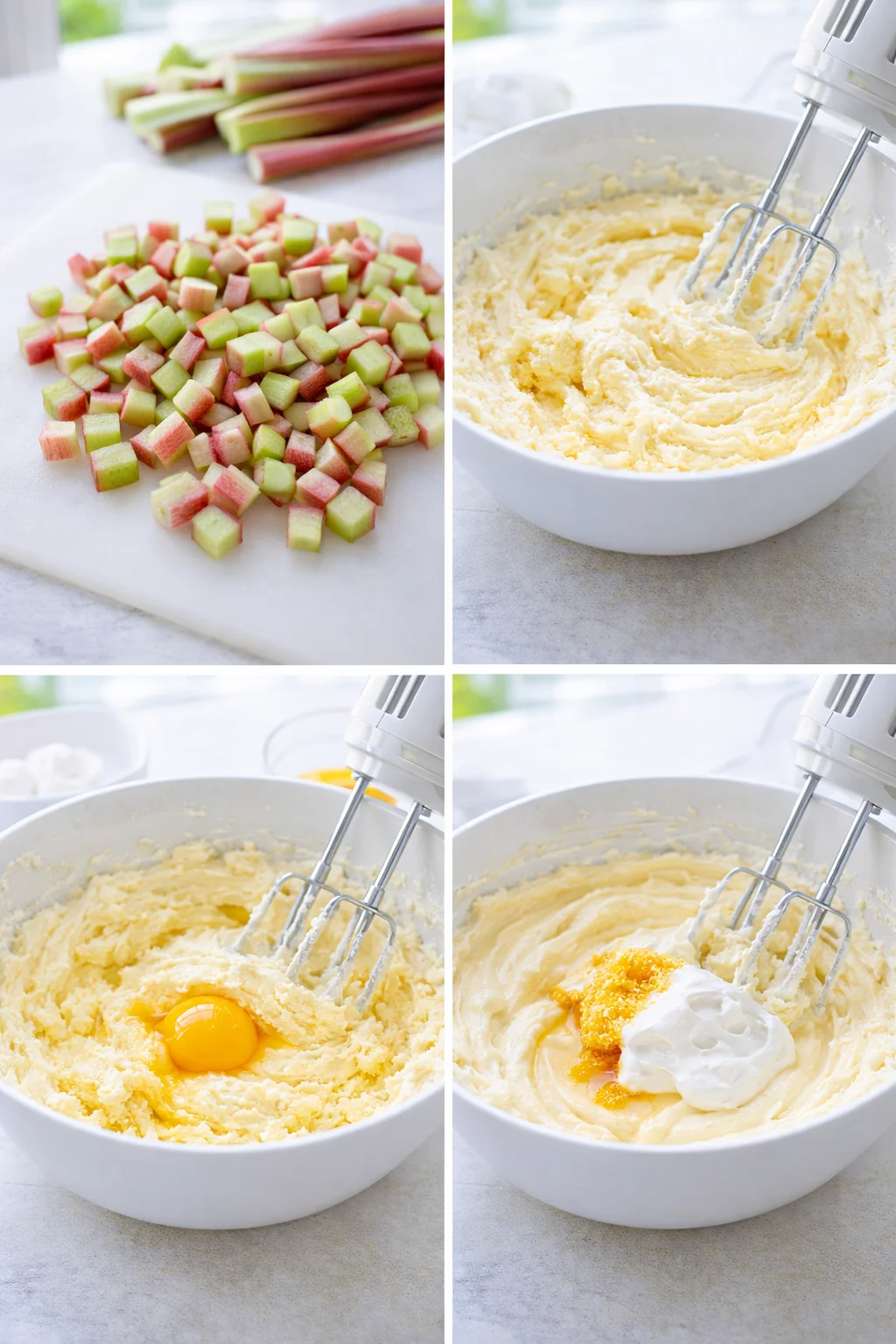 step-process-placeholder-5-8.png Bowl of creamed butter and sugar with eggs, chopped rhubarb, lemon zest, and yogurt being added.