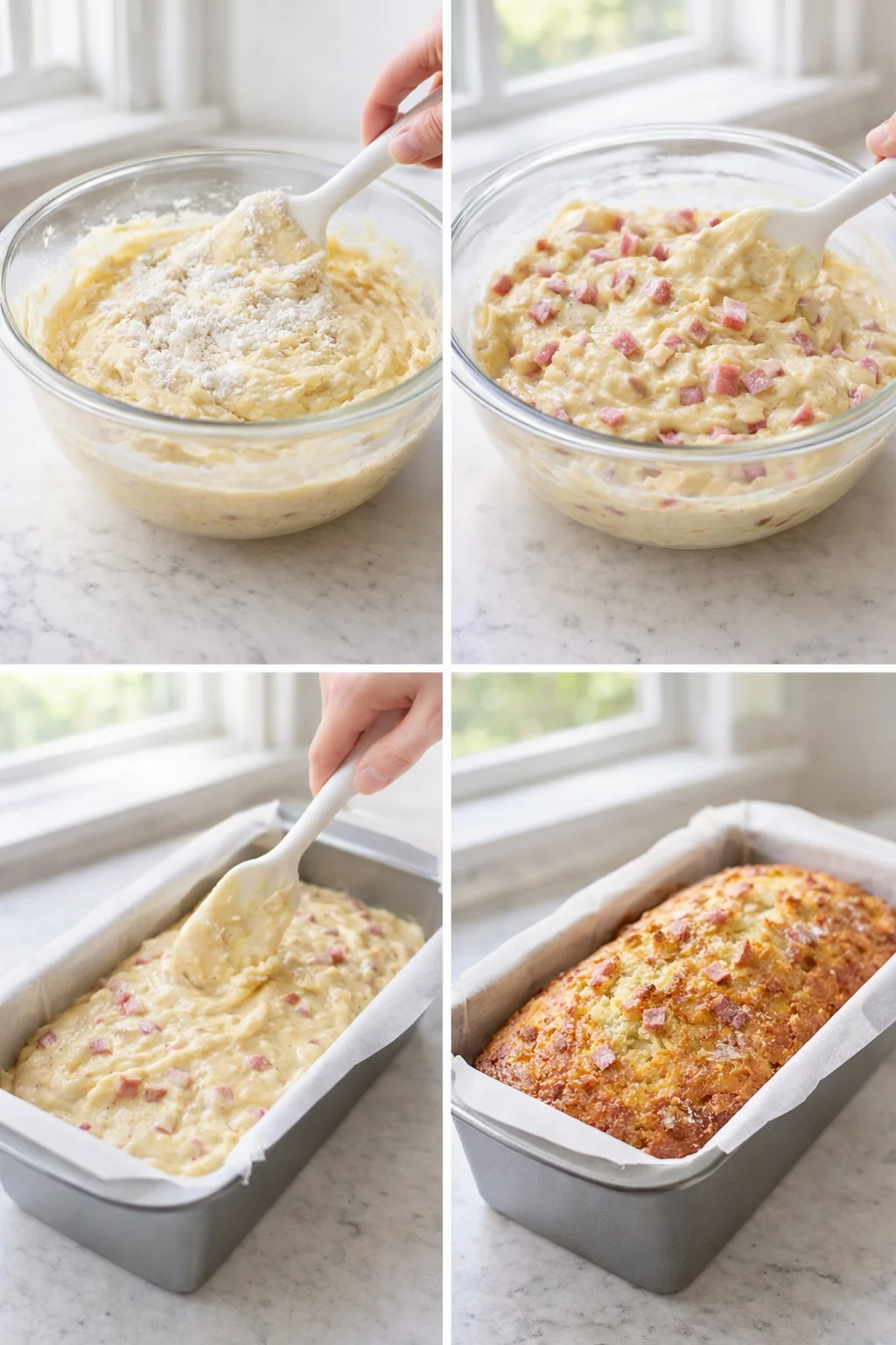 step-process-placeholder-9-12.png Thick batter studded with rhubarb being smoothed into a loaf pan before baking.