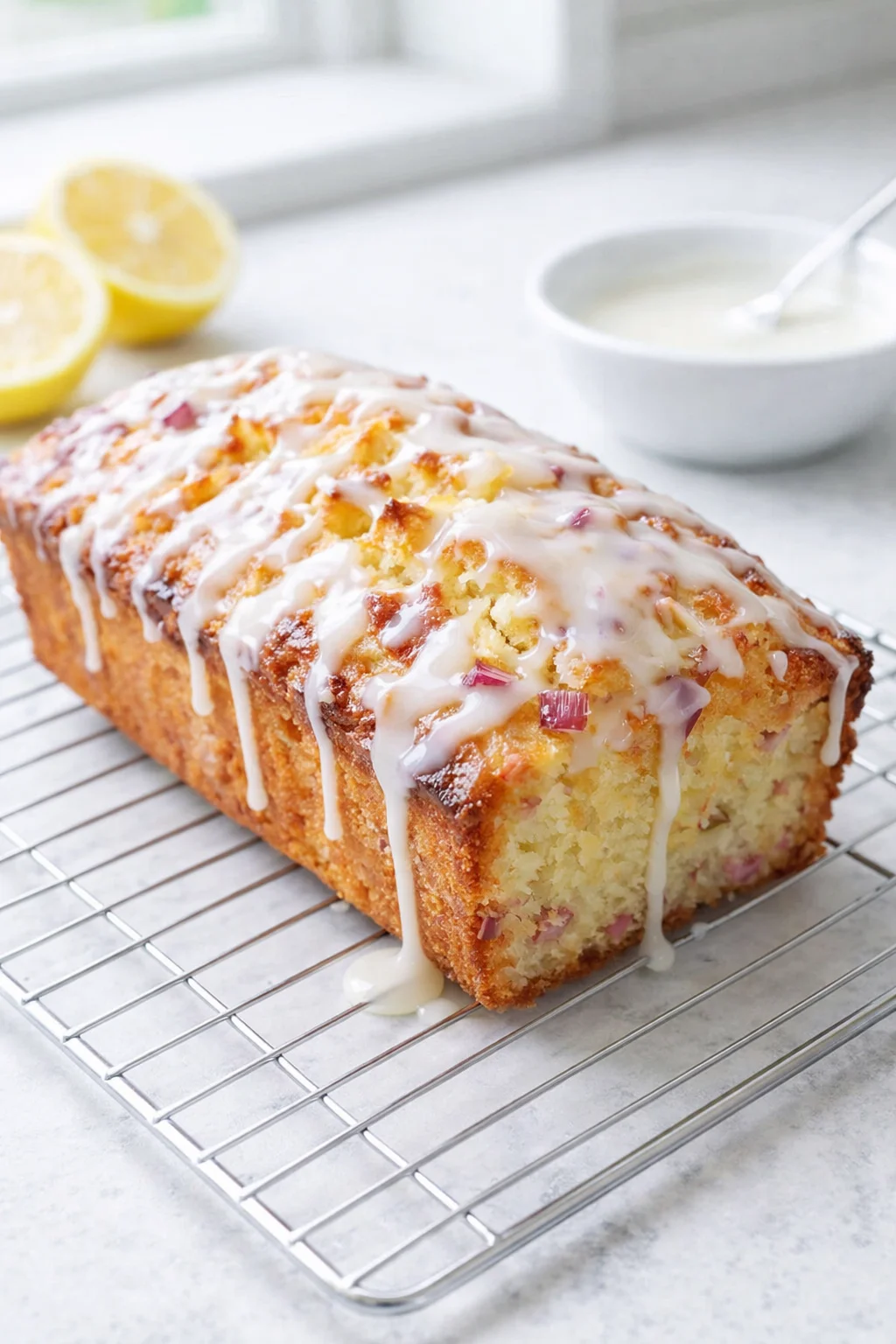 step-process-placeholder-13-15.png Glaze being drizzled over cooled loaf on a wire rack, glossy lemon icing setting.