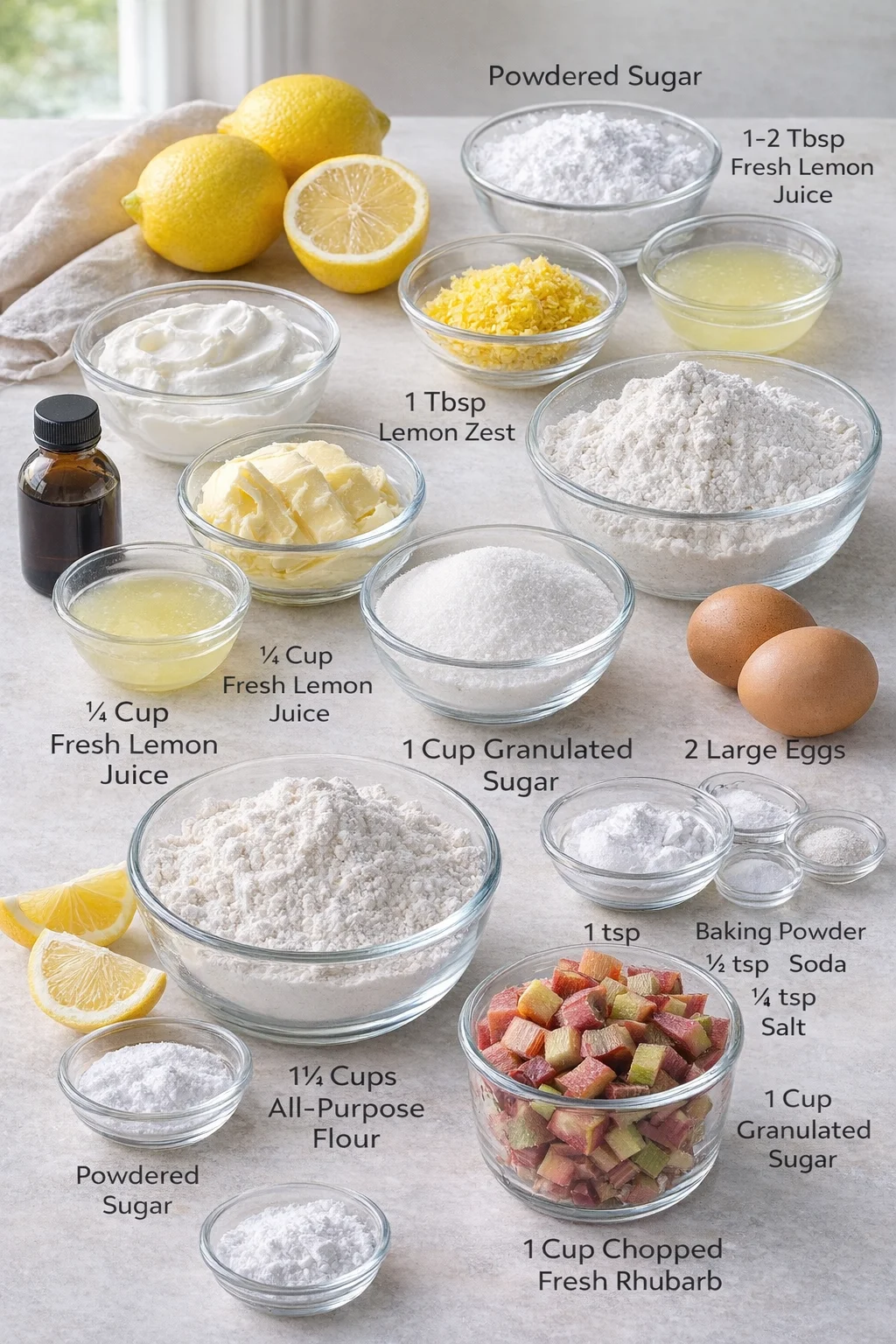 ingredients-placeholder.png Measured ingredients arranged for Lemon Rhubarb Loaf: 1½ cups all-purpose flour, 1 tsp baking powder, ½ tsp baking soda, ¼ tsp salt, ½ cup unsalted butter, softened, 1 cup granulated sugar