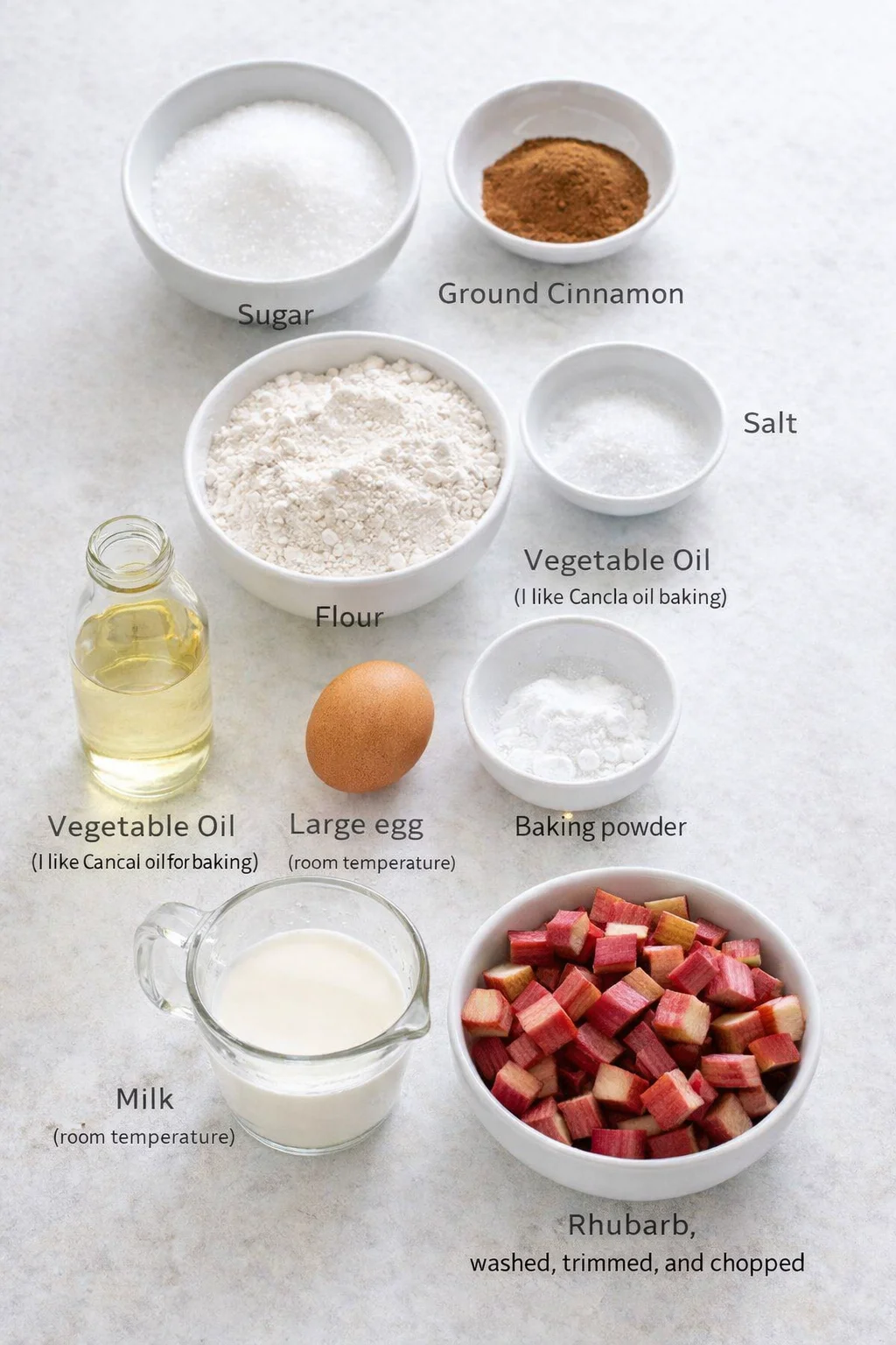 ingredients-placeholder.png Measured ingredients arranged for Cinnamon Swirl Rhubarb Bread: Sugar, Ground Cinnamon, Flour, Salt, Vegetable Oil (I like Canola oil for baking), Baking Powder