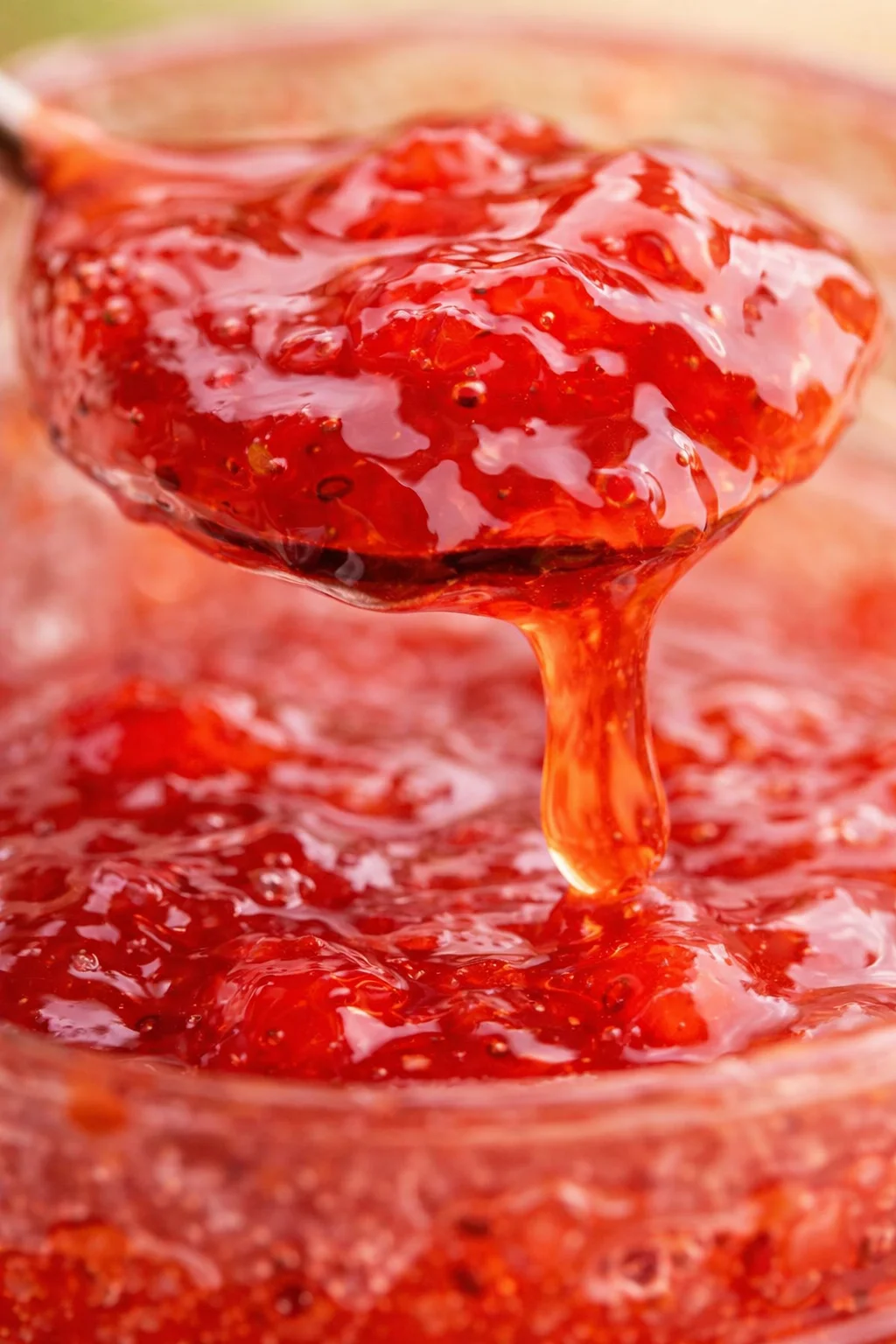 closing_final_dish-placeholder.png Tight detail shot of Homemade Strawberry Rhubarb Jam highlighting texture