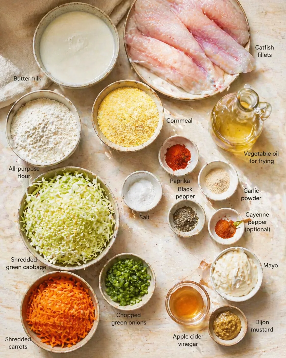 Measured ingredients arranged for Southern Catfish Tacos with Crunchy Slaw: Catfish fillets, Buttermilk, Cornmeal, All-purpose flour, Paprika, Garlic powder