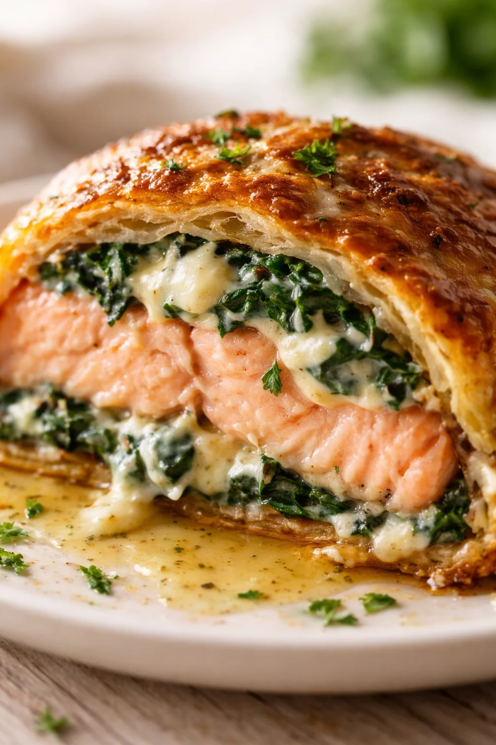 Tight detail shot of Stuffed Salmon with Cream Cheese & Spinach: Salmon Wellington Low-Carb Alternative highlighting texture