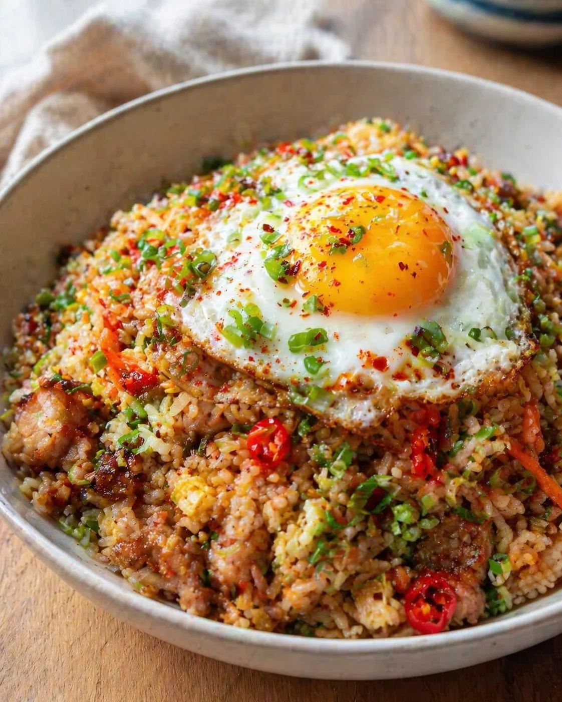 Single plated variation of Transform Day-old Rice Into Delicious Pork Fried Rice Tonight! shown in a natural kitchen scene