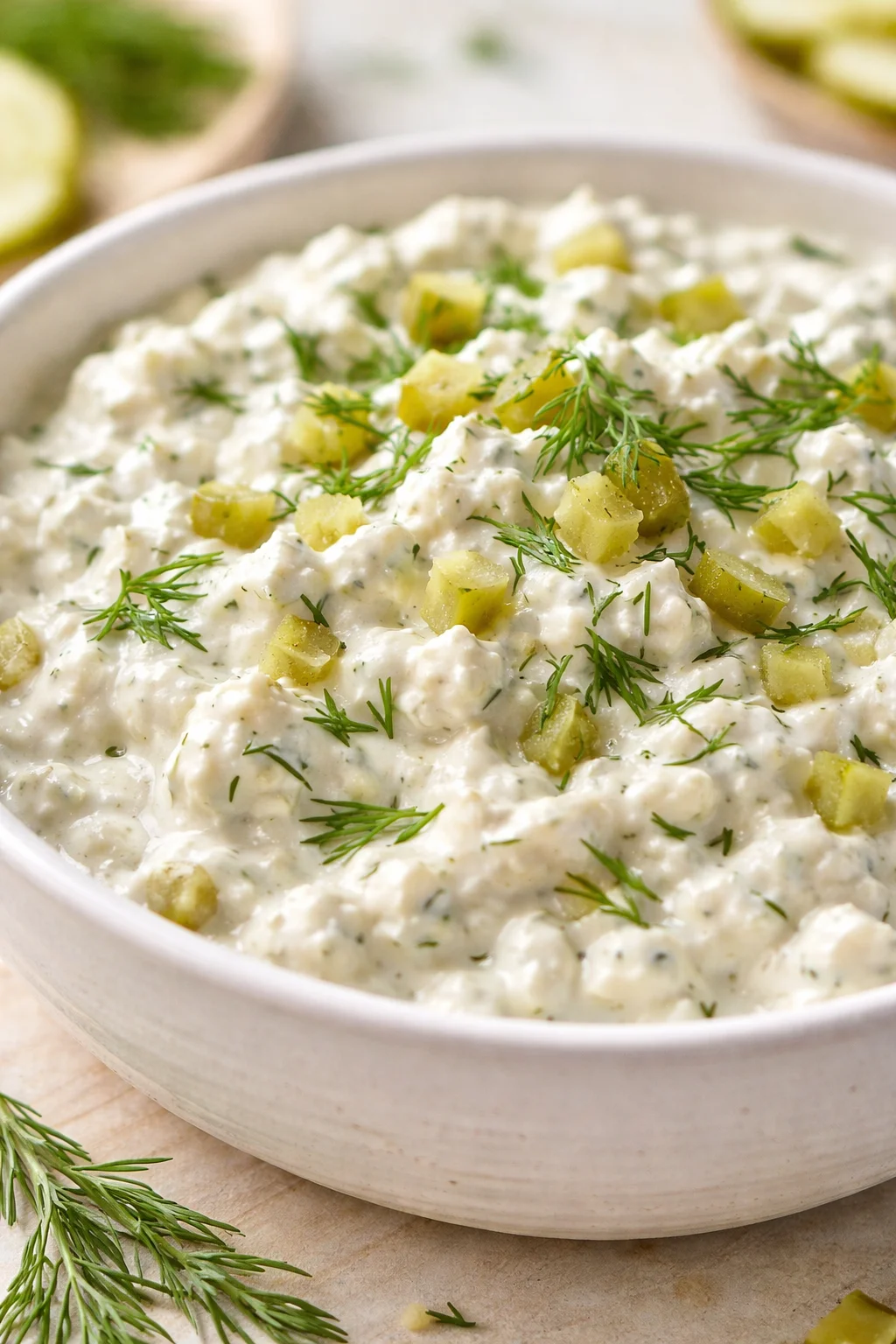 closing_final_dish-placeholder.png Tight detail shot of Healthy Dill Pickle Cottage Cheese Ranch highlighting texture
