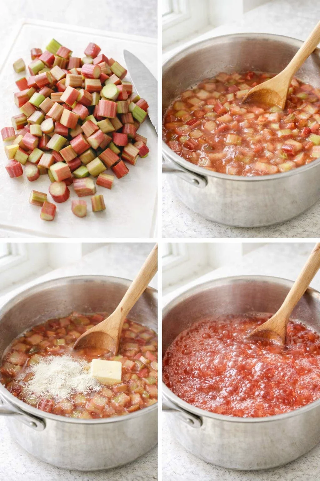 step-process-placeholder-5-8.png Chopped rhubarb in a pot boiling with orange juice while pectin and butter are stirred in.