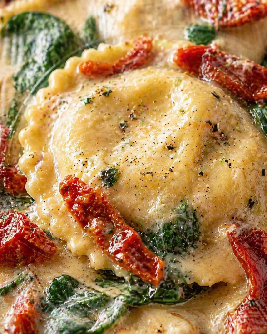 Tight detail shot of Tuscan Ravioli highlighting texture