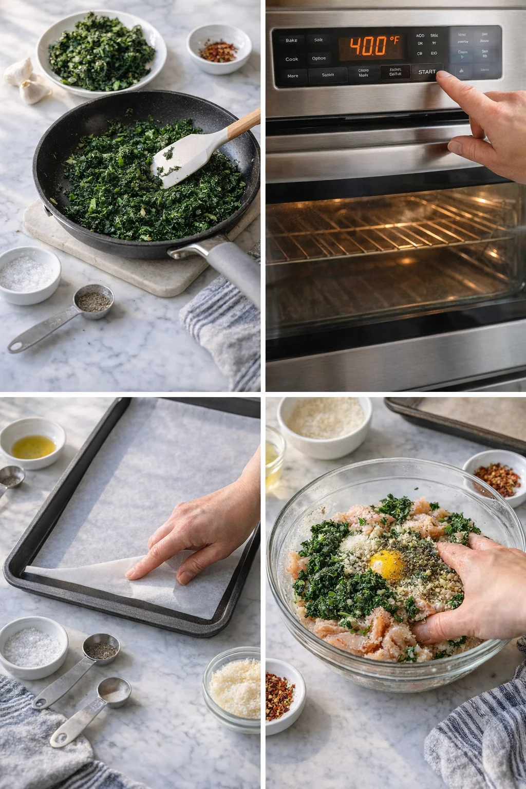 Large bowl with ground chicken mixture being gently mixed with spinach, egg, Parmesan, and herbs.