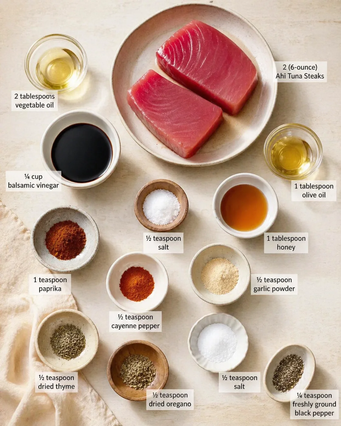 Measured ingredients arranged for Blackened Balsamic Tuna Steaks | Cooking Inspirations: 2 (6-ounce) fresh Ahi Tuna Steaks, 2 tablespoons vegetable oil, ¼ cup balsamic vinegar, 1 tablespoon olive oil, 1 tablespoon honey,