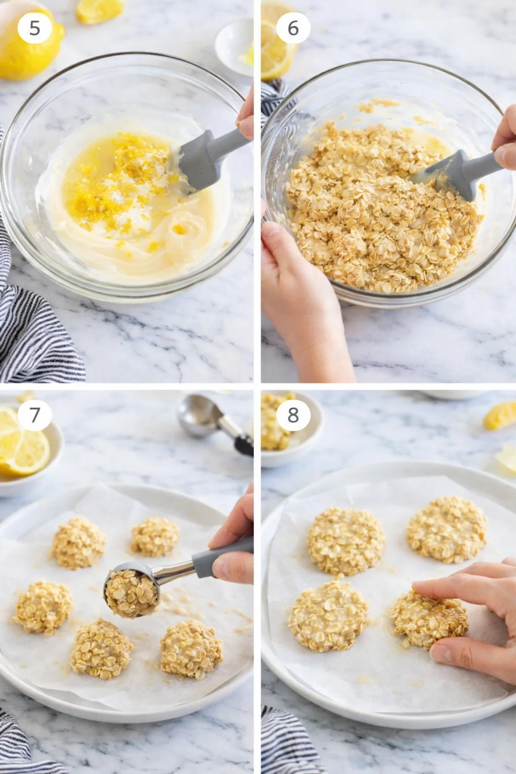 Bowl of melted lemon-white chocolate being stirred, oats folded, scooped mounds on parchment being shaped.