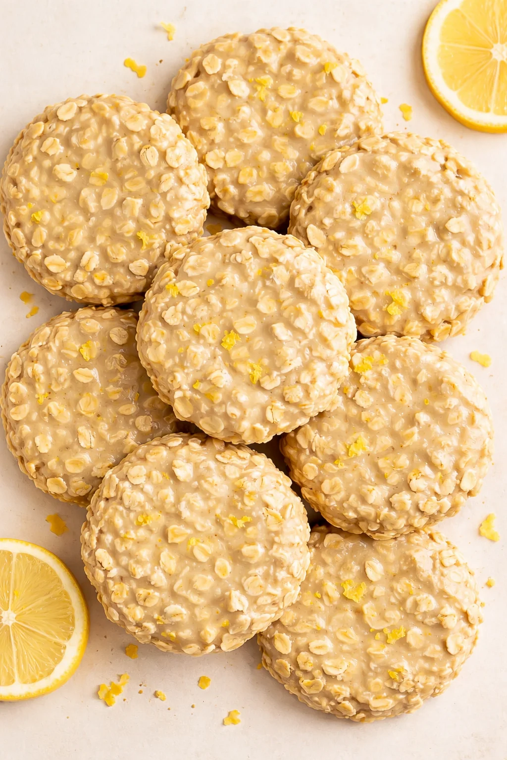 Straight-down overhead view of Lemon Oatmeal No-Bake Cookies