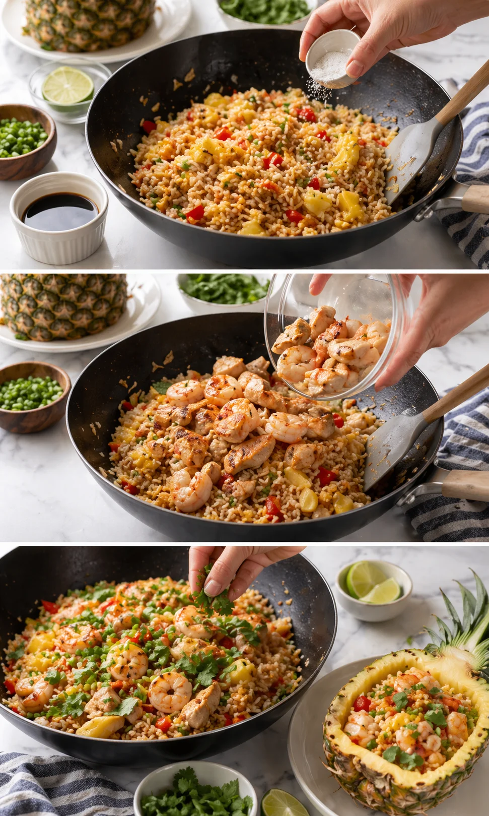 Plated fried rice being garnished with torn cilantro and green onions, lime wedge and hollow pineapple nearby.