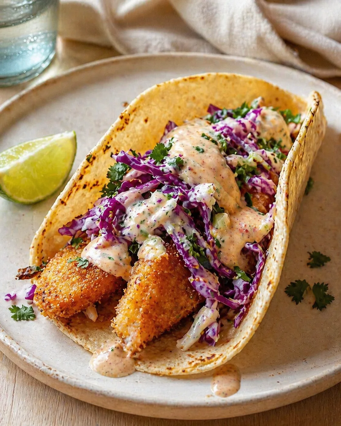 Single plated variation of Southern Catfish Tacos with Crunchy Slaw shown in a natural kitchen scene