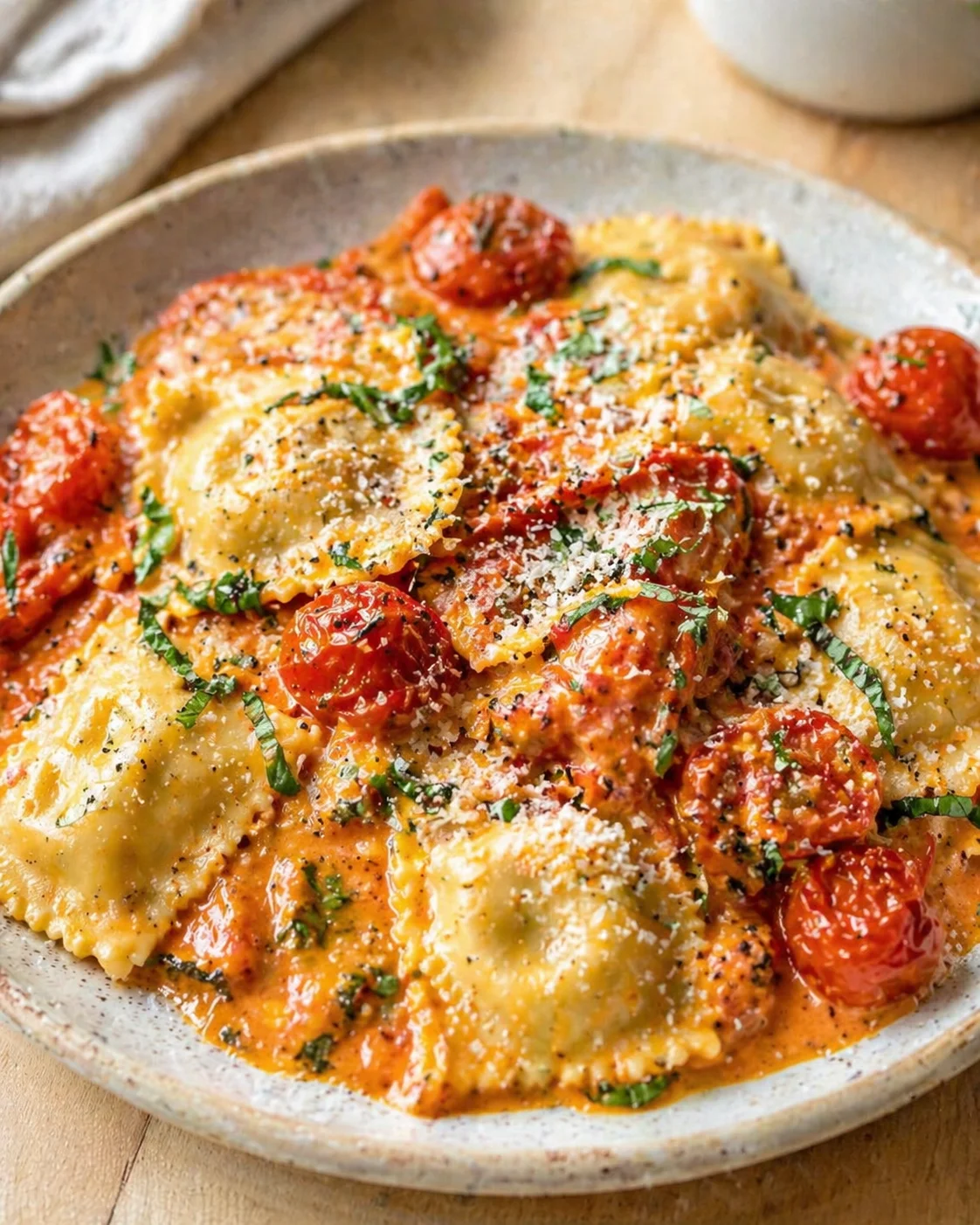 Single plated variation of Ravioli with Creamy Tomato Sauce - Easy Recipes Ideas shown in a natural kitchen scene