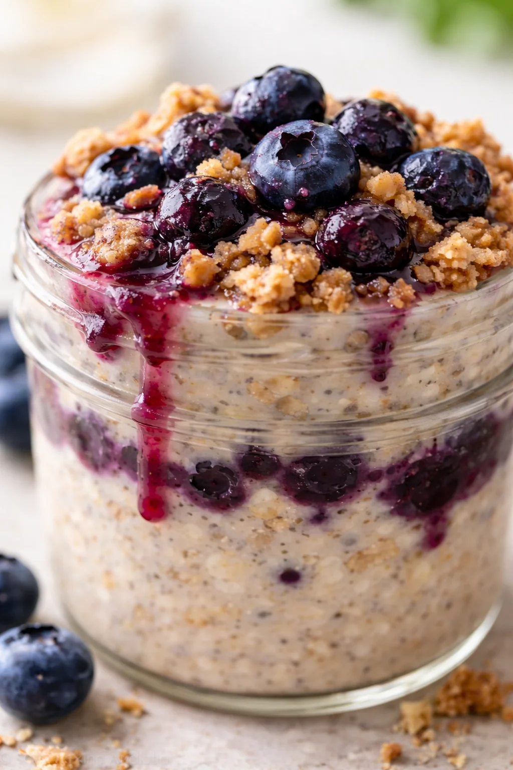 Final plated Blueberry Pie Overnight Oats - The Dish On Healthy served as a hero shot
