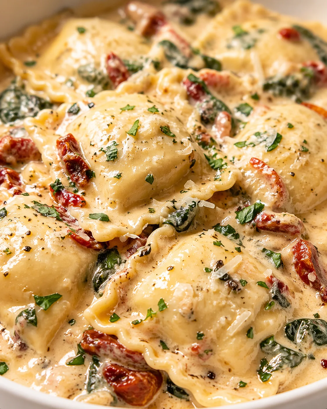 Final plated Creamy Tuscan Garlic Ravioli: Easy & Flavorful Italian Dinner served as a hero shot