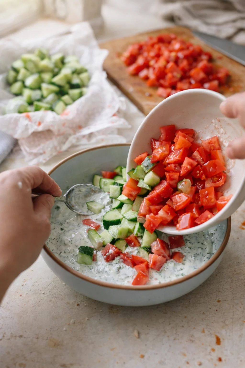 Patting paper towel-dried cucumber noodles and drained chopped tomatoes into a bowl of dressing