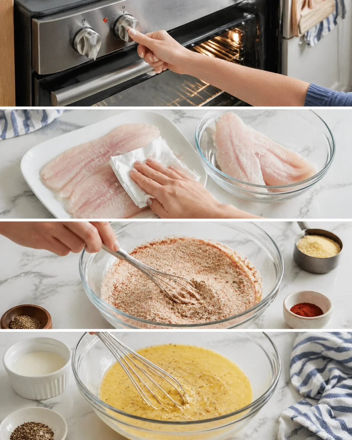 Oven temperature set, thawed fillets dried, dry coating in dish, wet mixture whisked.