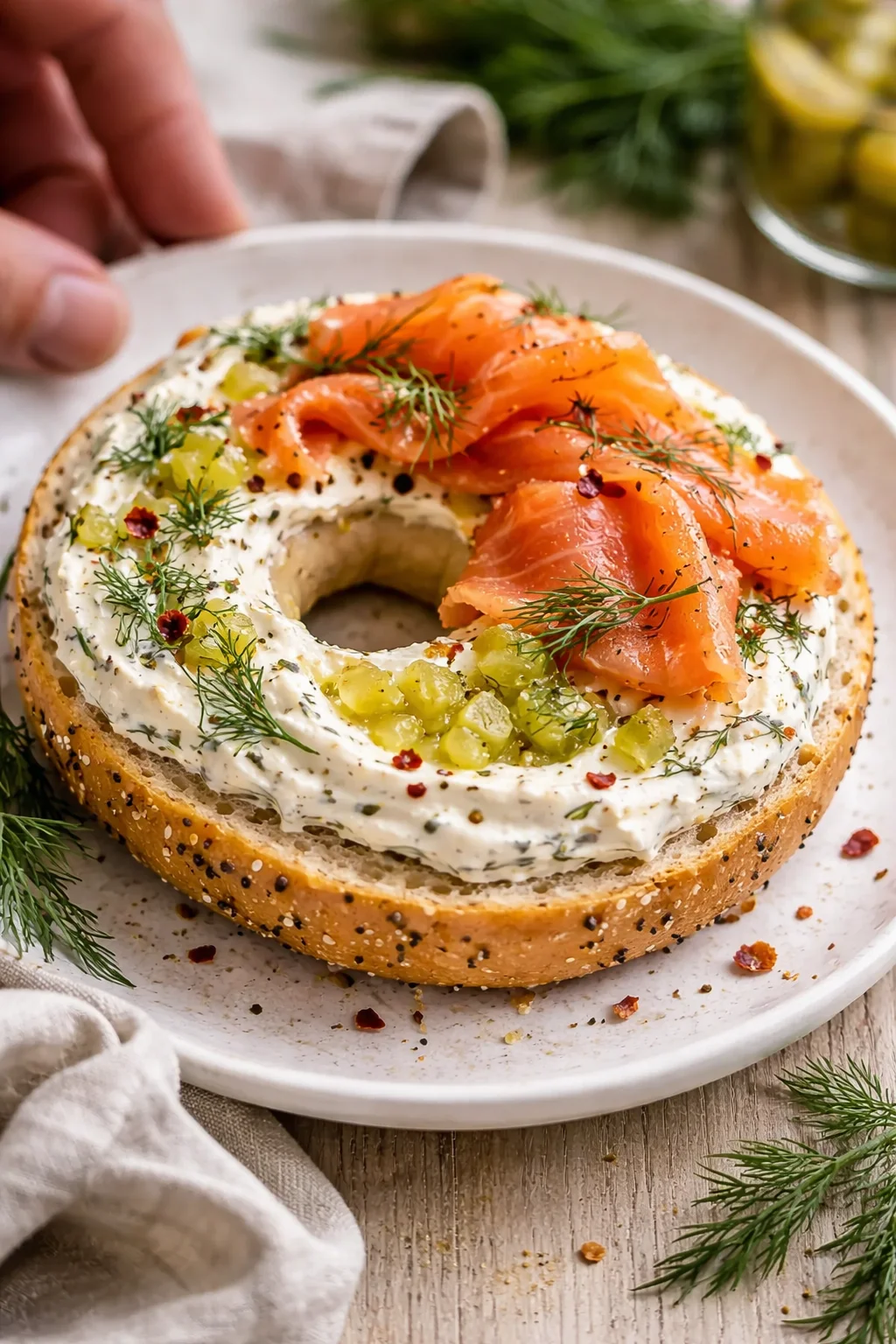Single plated variation of Mouthwatering Dill Pickle Cream Cheese shown in a natural kitchen scene