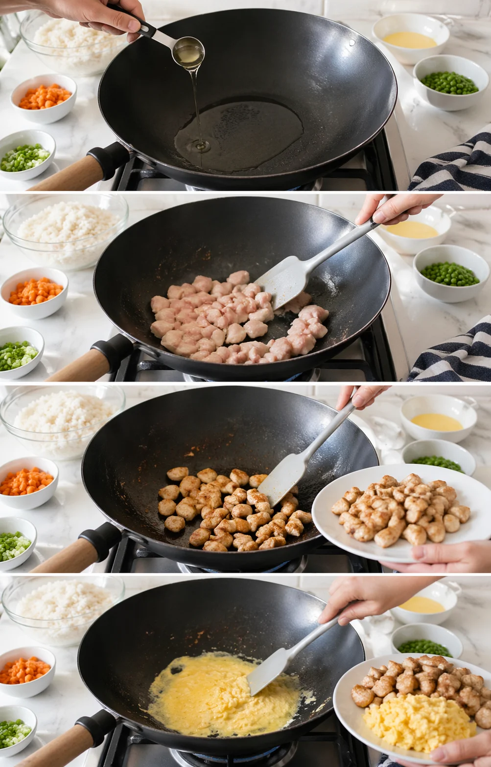 Hot wok with shimmering oil, browned chicken pieces on a plate, scrambled eggs set aside.