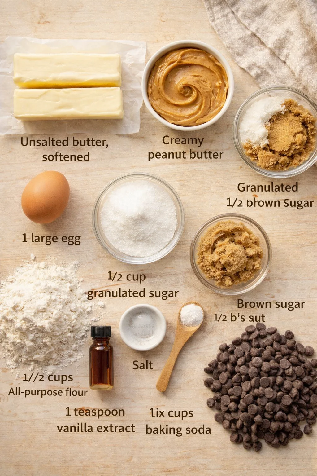 Measured ingredients arranged for Snoop Dogg’s Rolls Royce Cookies: 1 cup (2 sticks) unsalted butter, softened, 1/2 cup creamy peanut butter, 1/2 cup granulated sugar, 1/2 cup packed light brown sugar, 1 large egg, 1 tea