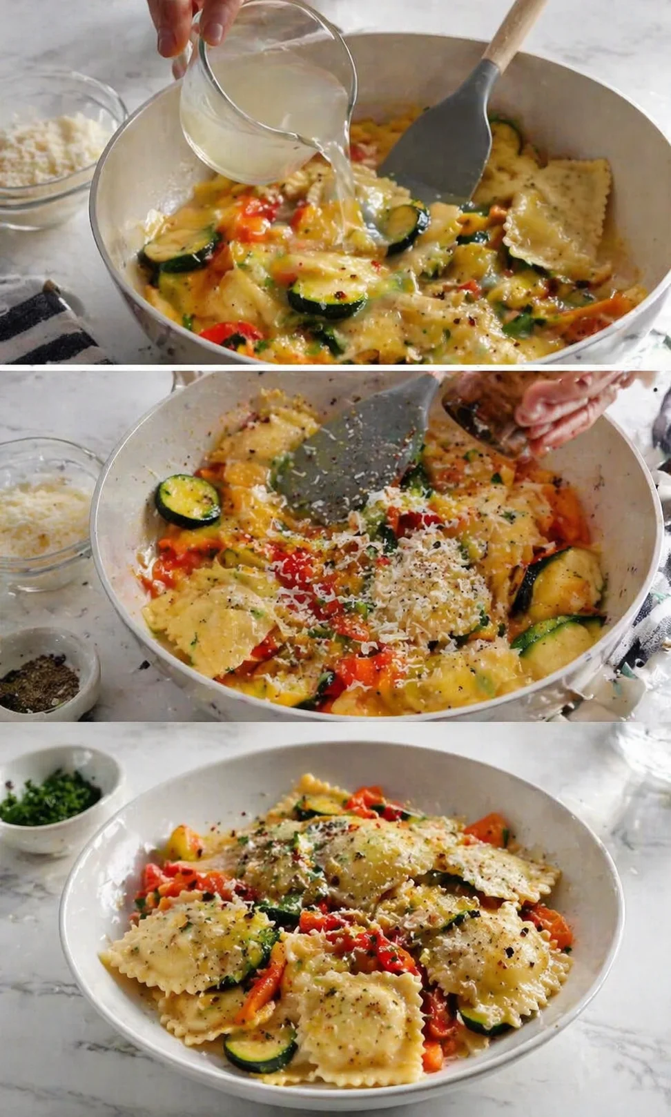 Ravioli and vegetables in skillet loosened with reserved pasta water, finished with cracked pepper and Parmesan.