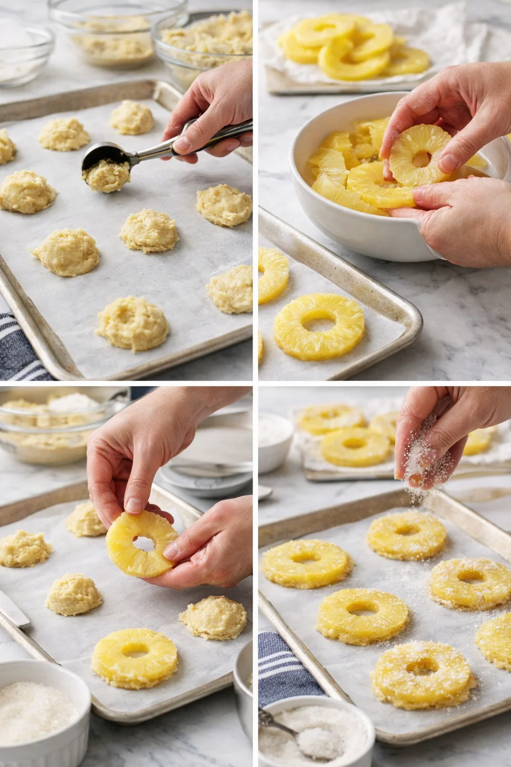 Dough mounds on parchment with pineapple rings pressed into centers and sugar sprinkled.